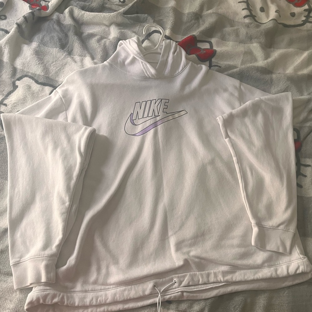 Nike Women Sweatshirt White Easy Fleece Hoodie Drawstring Swoosh